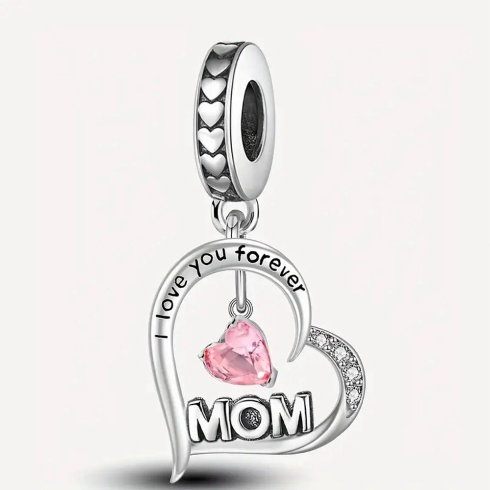 Heart-Shaped Silver 'Mom' Charm Pendant with Dangling Pink Gemstone